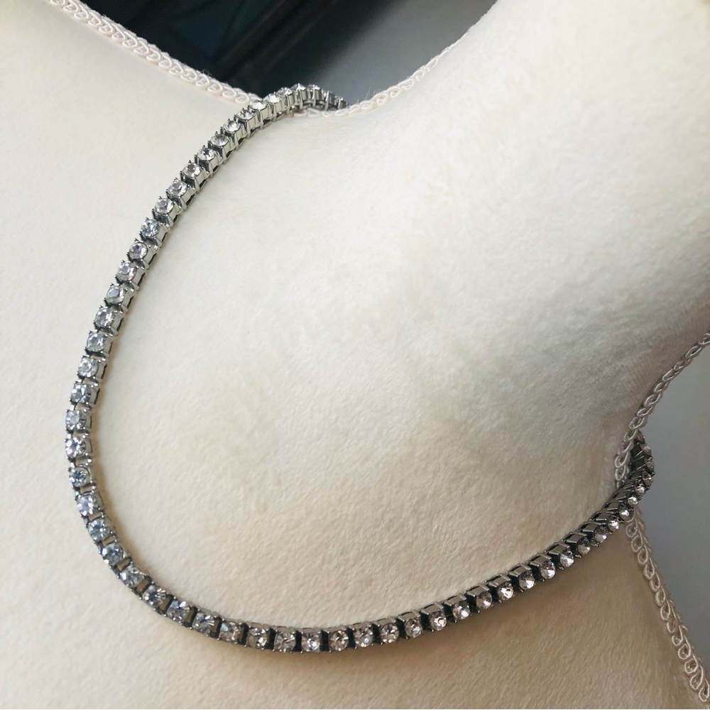 Tennis prong set clear glass stone silver plated necklace